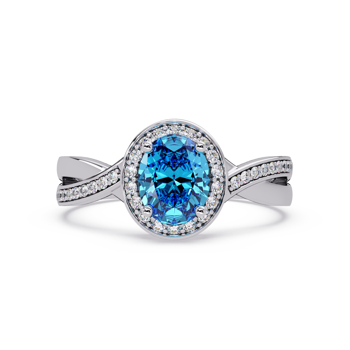 0.6 CTW Oval Halo Split Shank Colorstone Ring with Aquamarine Blue center in 14K White Gold – Lunéa Paris