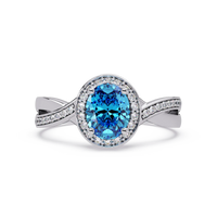 0.6 CTW Oval Halo Split Shank Colorstone Ring with Aquamarine Blue center in 14K White Gold – Lunéa Paris