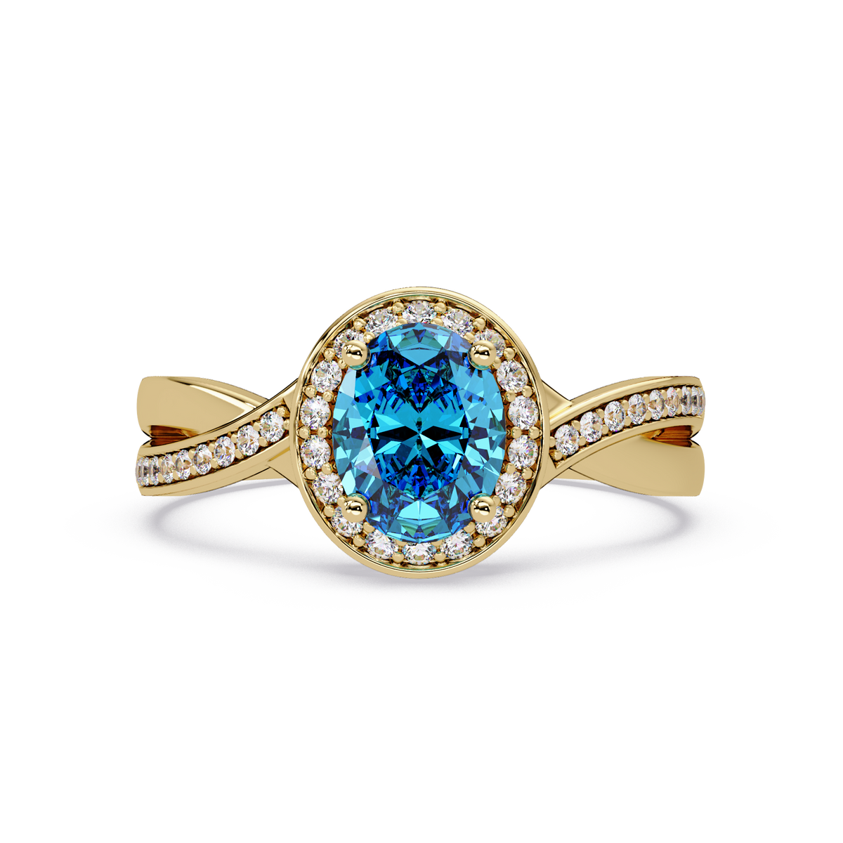 0.6 CTW Oval Halo Split Shank Colorstone Ring with Aquamarine Blue center in 14K Yellow Gold – Lunéa Paris