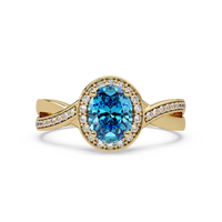0.6 CTW Oval Halo Split Shank Colorstone Ring with Aquamarine Blue center in 14K Yellow Gold – Lunéa Paris