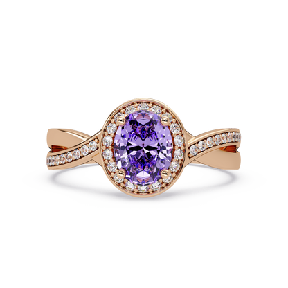 0.6 CTW Oval Halo Split Shank Colorstone Ring with Amethyst Purple center in 14K Rose Gold – Lunéa Paris