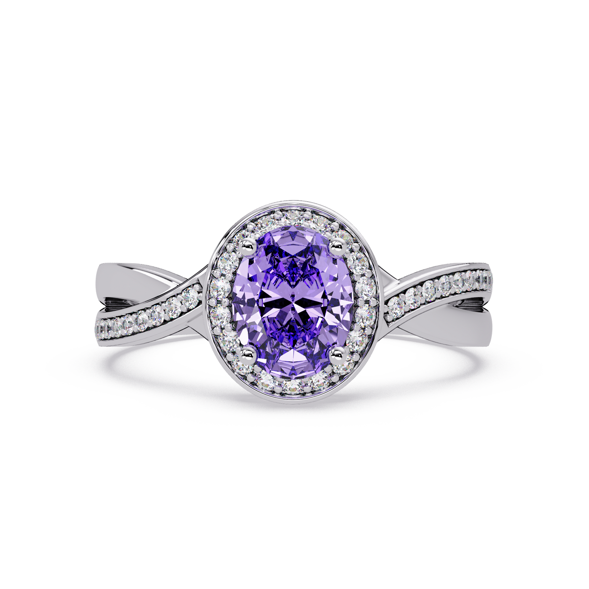0.6 CTW Oval Halo Split Shank Colorstone Ring with Amethyst Purple center in 14K White Gold – Lunéa Paris