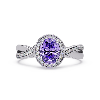 0.6 CTW Oval Halo Split Shank Colorstone Ring with Amethyst Purple center in 14K White Gold – Lunéa Paris