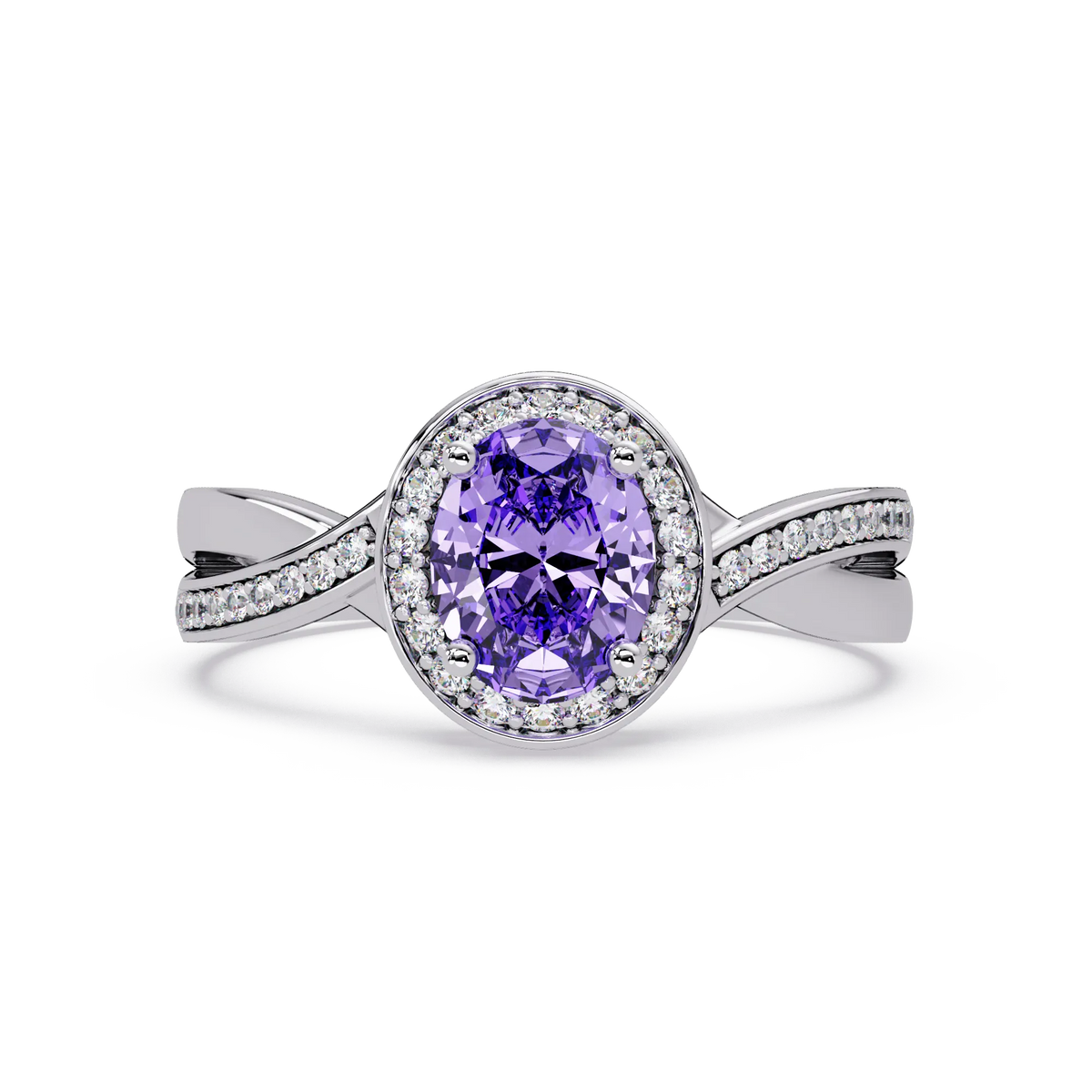 0.6 CTW Oval Halo Split Shank Colorstone Ring with Amethyst Purple center in 14K White Gold – Lunéa Paris