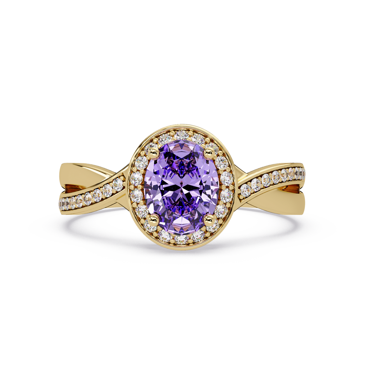 0.6 CTW Oval Halo Split Shank Colorstone Ring with Amethyst Purple center in 14K Yellow Gold – Lunéa Paris