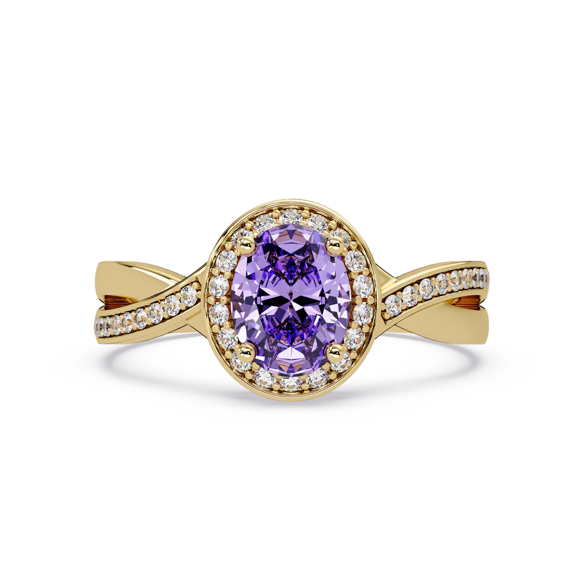 0.6 CTW Oval Halo Split Shank Colorstone Ring with Amethyst Purple center in 14K Yellow Gold – Lunéa Paris
