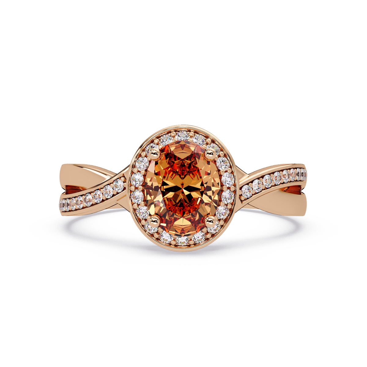 0.6 CTW Oval Halo Split Shank Colorstone Ring with Champagne Topaz center in 14K Rose Gold – Lunéa Paris