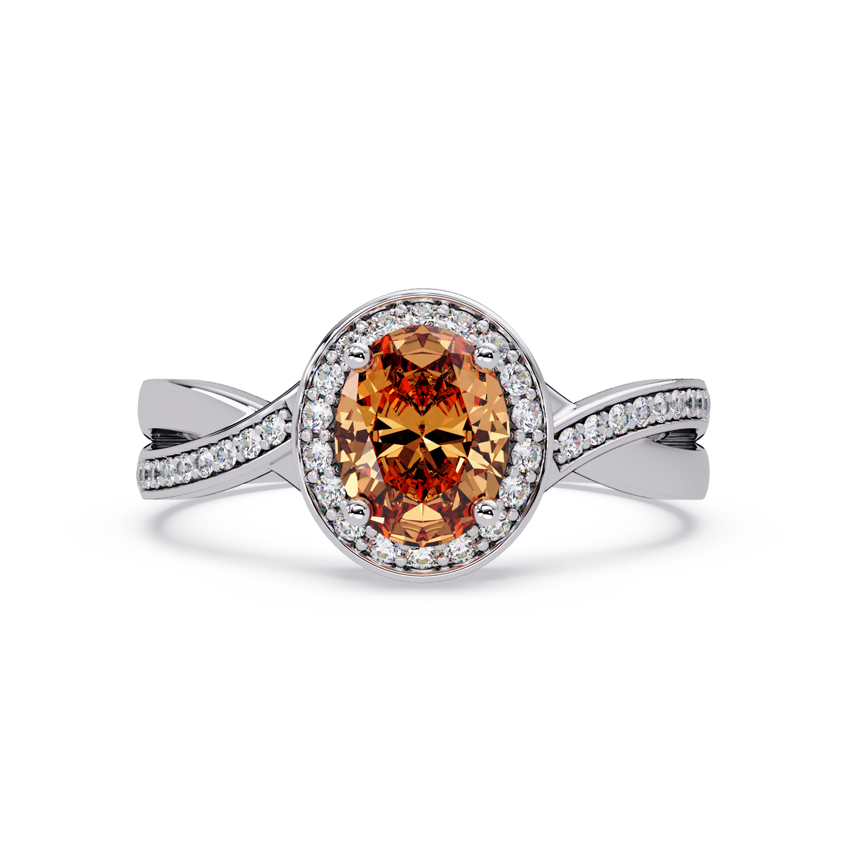 0.6 CTW Oval Halo Split Shank Colorstone Ring with Champagne Topaz center in 14K White Gold – Lunéa Paris