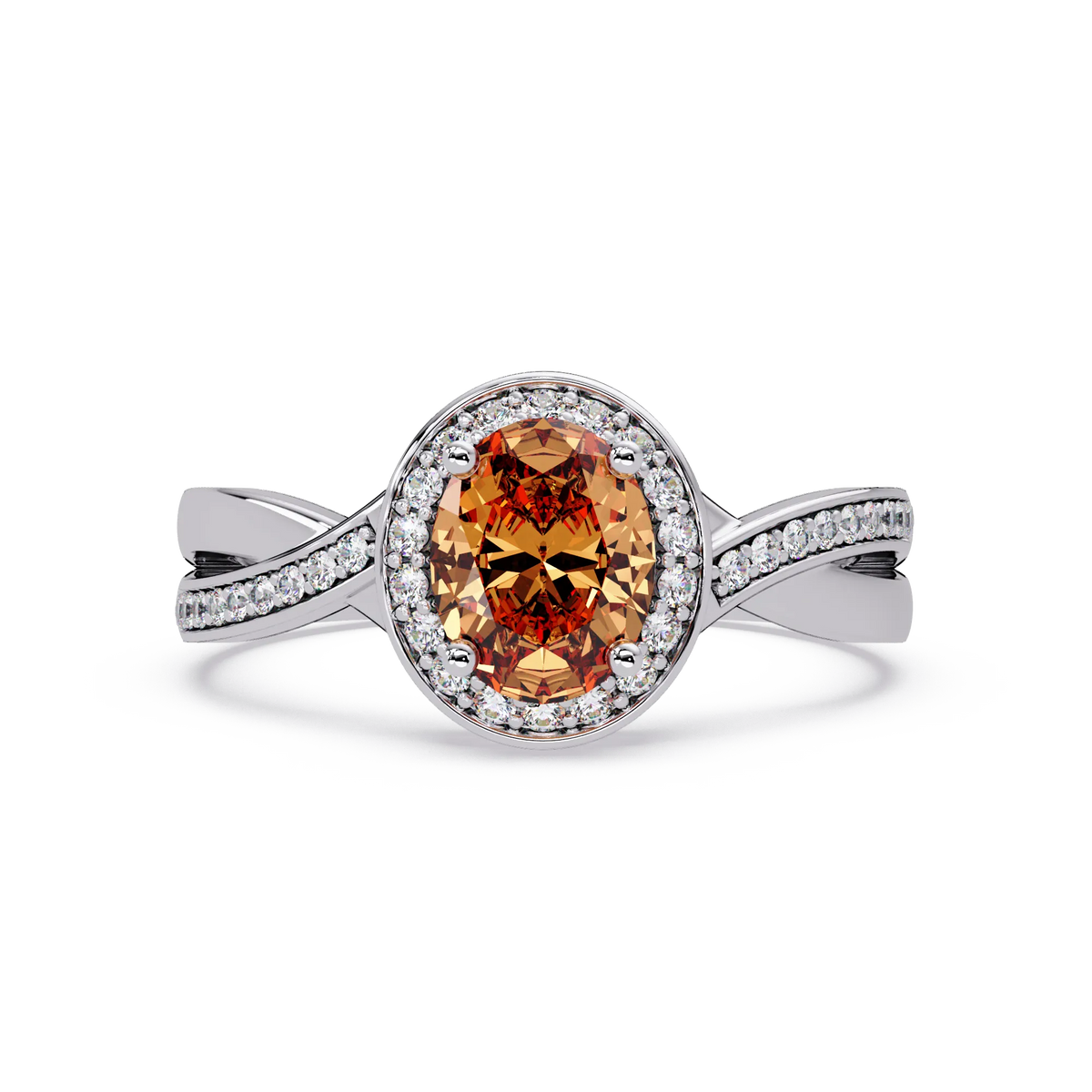 0.6 CTW Oval Halo Split Shank Colorstone Ring with Champagne Topaz center in 14K White Gold – Lunéa Paris