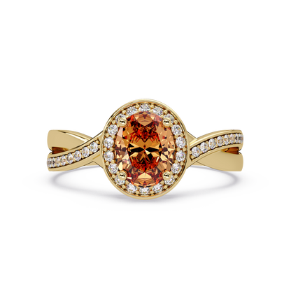 0.6 CTW Oval Halo Split Shank Colorstone Ring with Champagne Topaz center in 14K Yellow Gold – Lunéa Paris