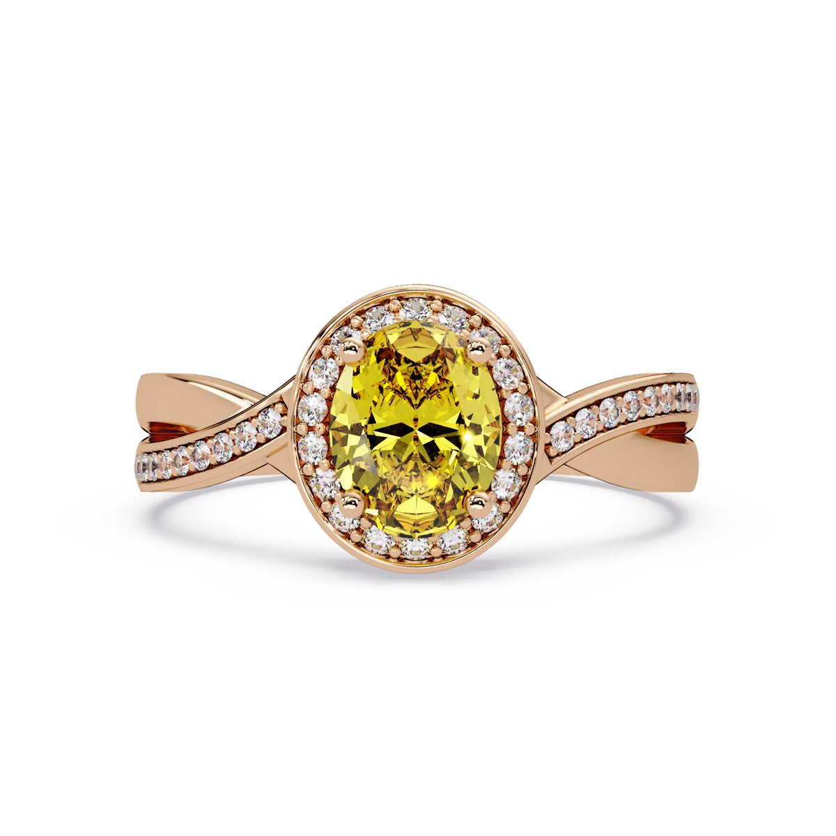 0.6 CTW Oval Halo Split Shank Colorstone Ring with Citrine Yellow center in 14K Rose Gold – Lunéa Paris