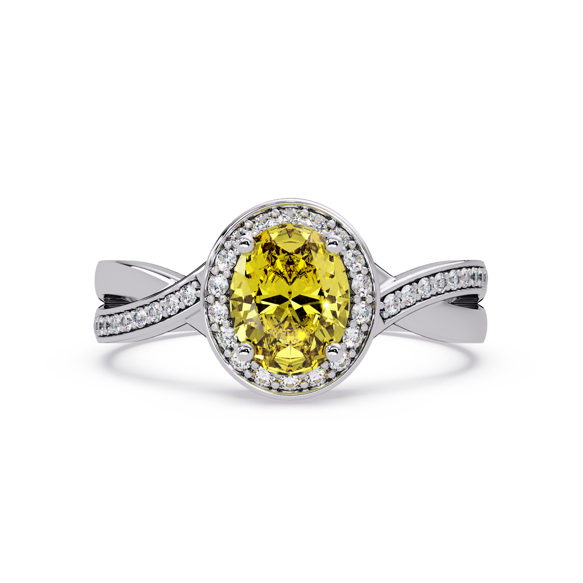 0.6 CTW Oval Halo Split Shank Colorstone Ring with Citrine Yellow center in 14K White Gold – Lunéa Paris