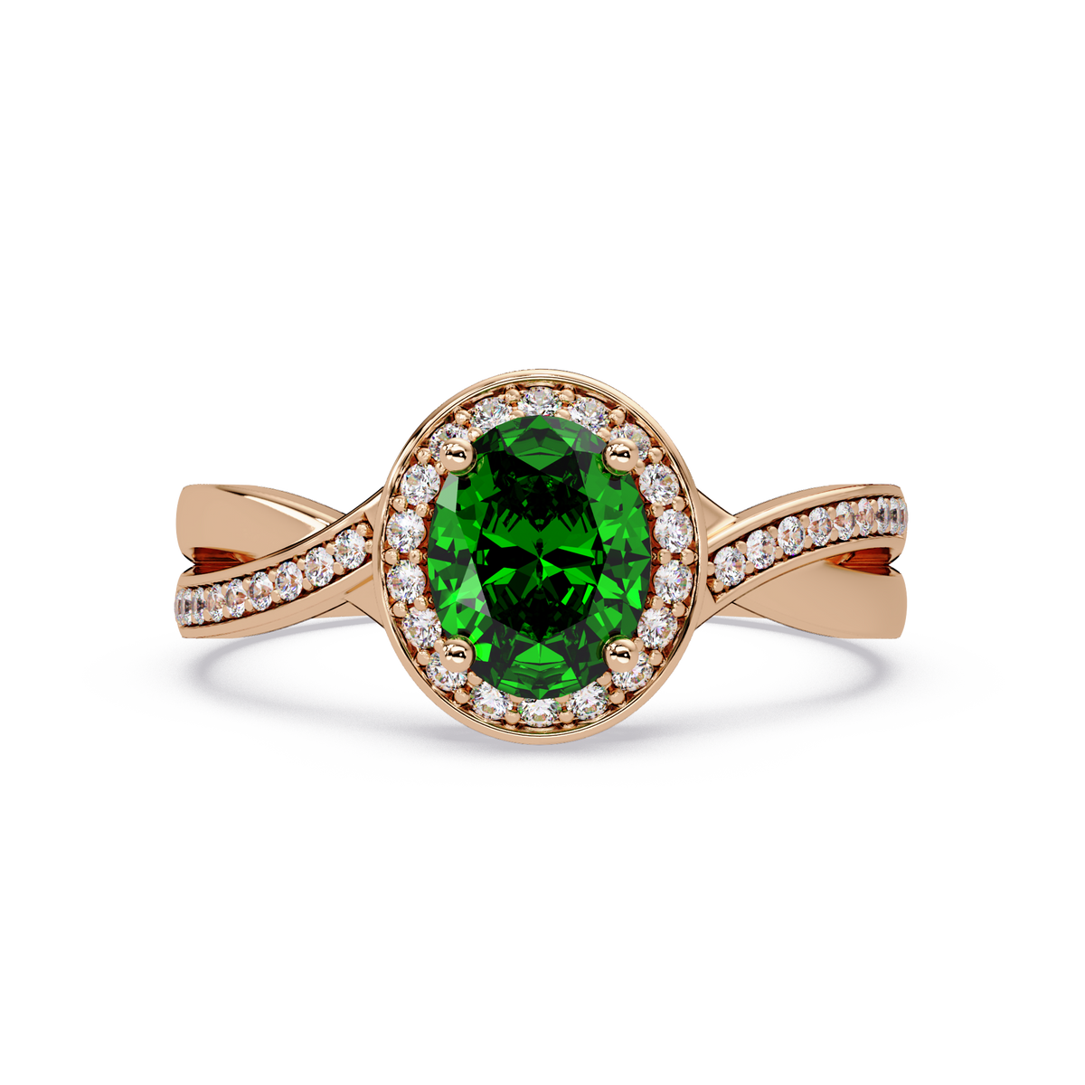 0.6 CTW Oval Halo Split Shank Colorstone Ring with Emerald Green center in 14K Rose Gold – Lunéa Paris