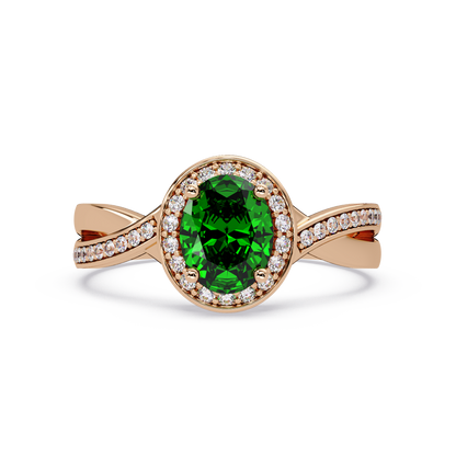 0.6 CTW Oval Halo Split Shank Colorstone Ring with Emerald Green center in 14K Rose Gold – Lunéa Paris