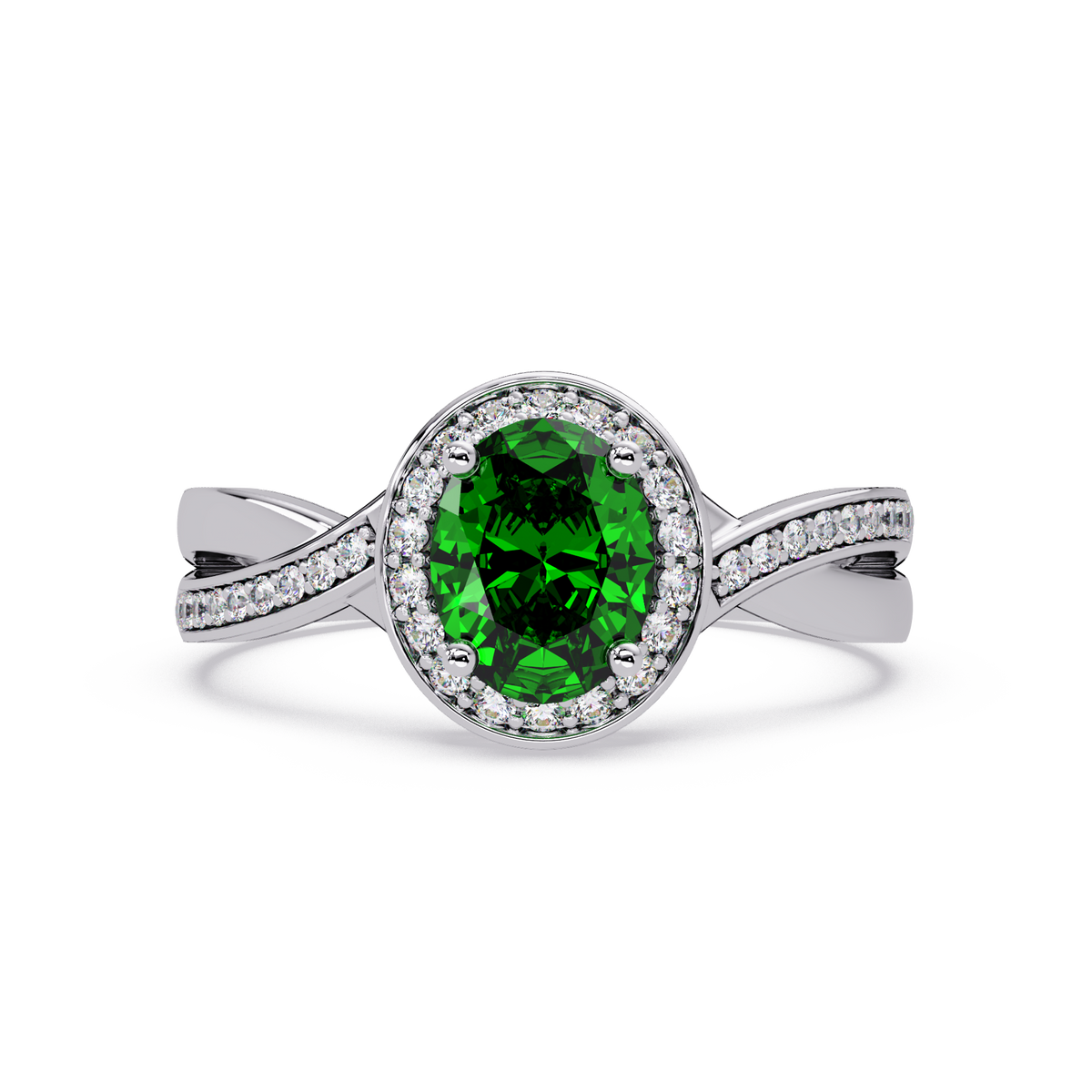 0.6 CTW Oval Halo Split Shank Colorstone Ring with Emerald Green center in 14K White Gold – Lunéa Paris