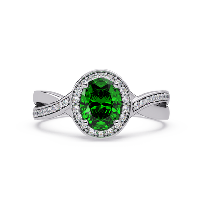 0.6 CTW Oval Halo Split Shank Colorstone Ring with Emerald Green center in 14K White Gold – Lunéa Paris