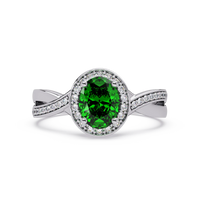 0.6 CTW Oval Halo Split Shank Colorstone Ring with Emerald Green center in 14K White Gold – Lunéa Paris