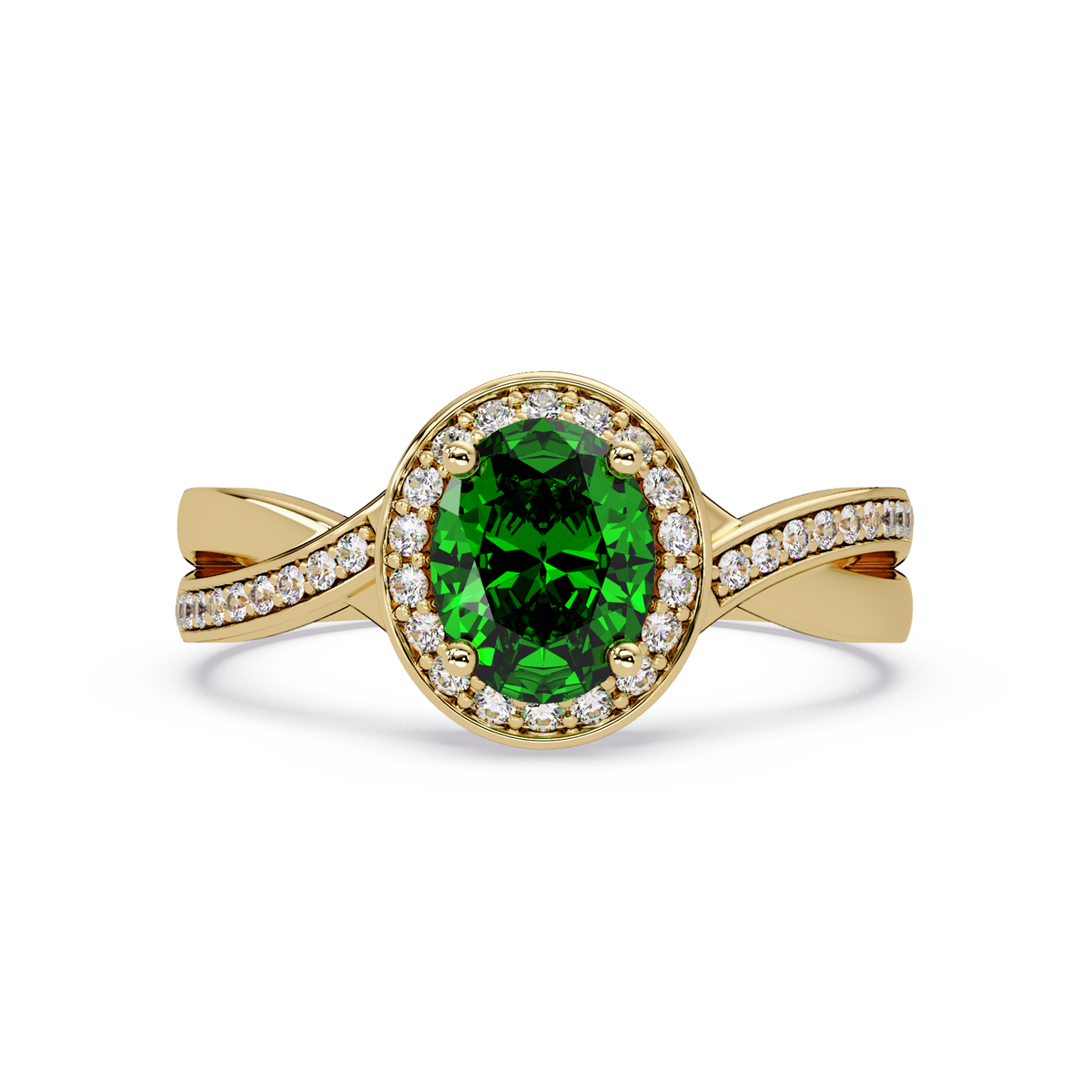 0.6 CTW Oval Halo Split Shank Colorstone Ring with Emerald Green center in 14K Yellow Gold – Lunéa Paris