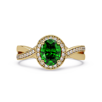 0.6 CTW Oval Halo Split Shank Colorstone Ring with Emerald Green center in 14K Yellow Gold – Lunéa Paris