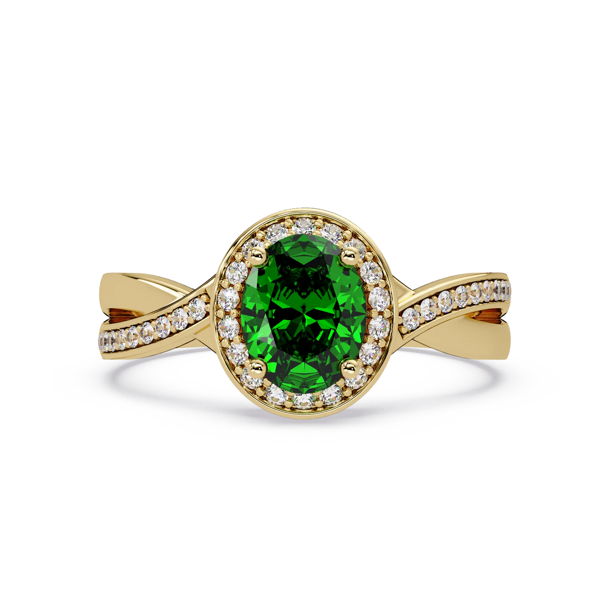 0.6 CTW Oval Halo Split Shank Colorstone Ring with Emerald Green center in 14K Yellow Gold – Lunéa Paris