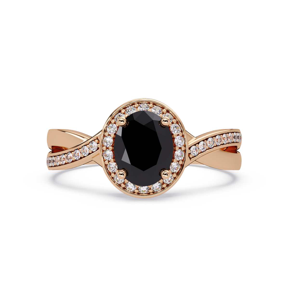 0.6 CTW Oval Halo Split Shank Colorstone Ring with Onyx center in 14K Rose Gold – Lunéa Paris