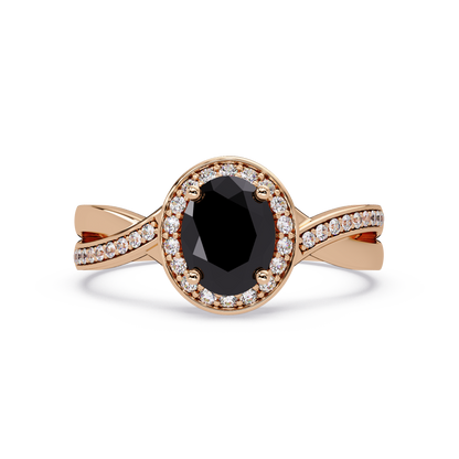 0.6 CTW Oval Halo Split Shank Colorstone Ring with Onyx center in 14K Rose Gold – Lunéa Paris