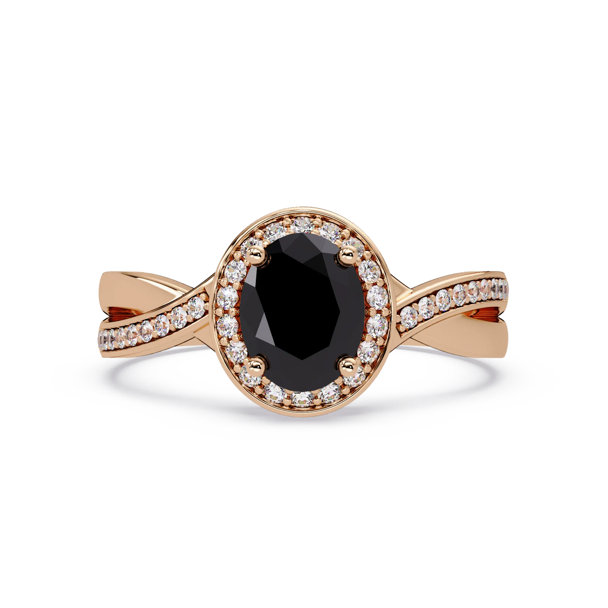 0.6 CTW Oval Halo Split Shank Colorstone Ring with Onyx center in 14K Rose Gold – Lunéa Paris