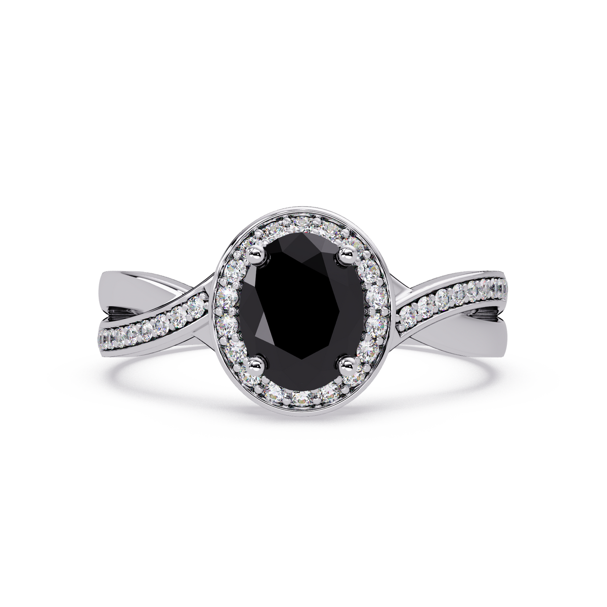 0.6 CTW Oval Halo Split Shank Colorstone Ring with Onyx center in 14K White Gold – Lunéa Paris