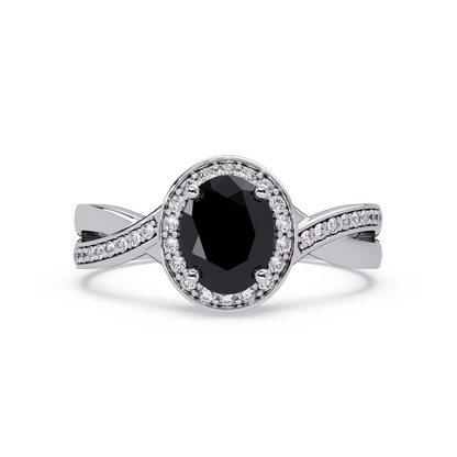 0.6 CTW Oval Halo Split Shank Colorstone Ring with Onyx center in 14K White Gold – Lunéa Paris