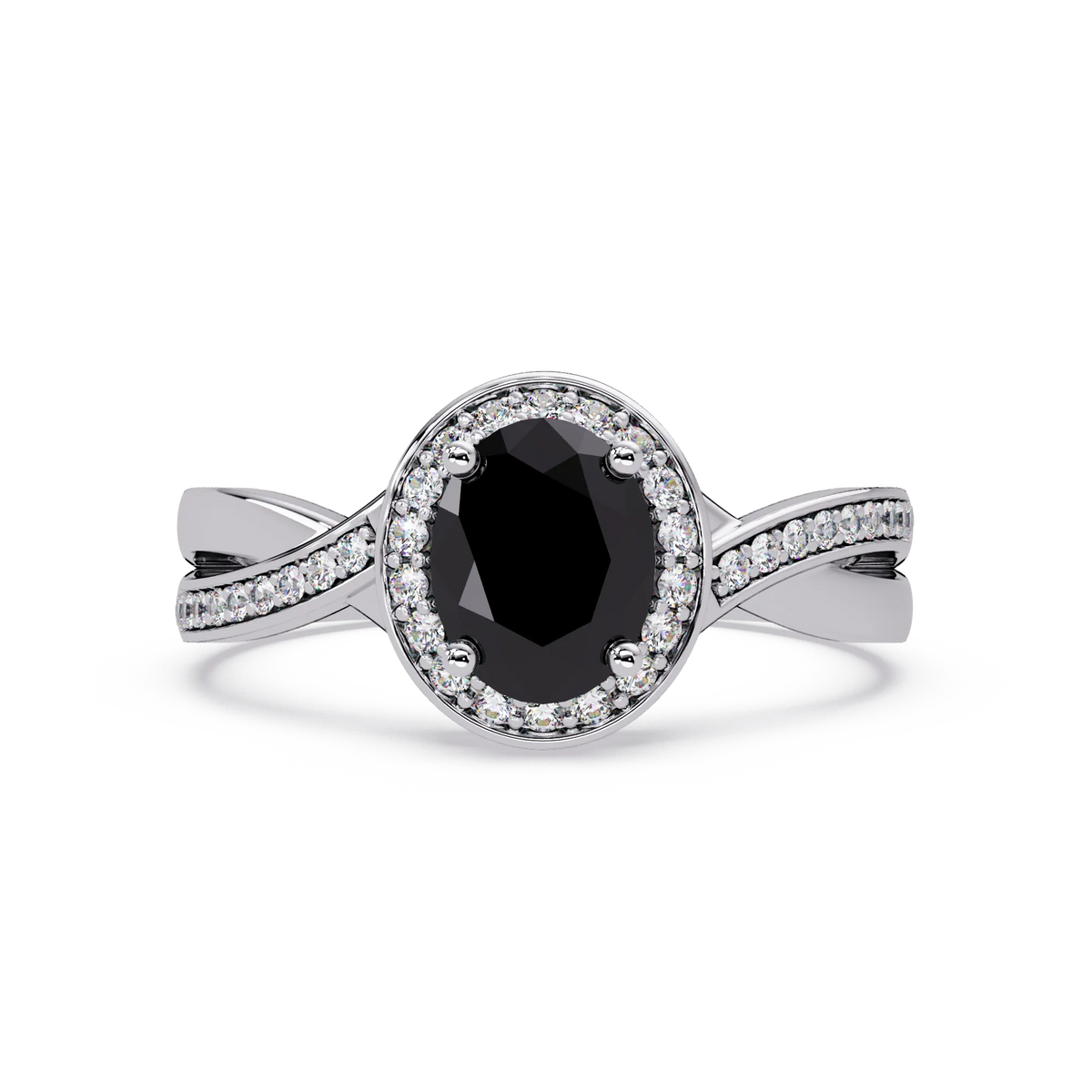 0.6 CTW Oval Halo Split Shank Colorstone Ring with Onyx center in 14K White Gold – Lunéa Paris