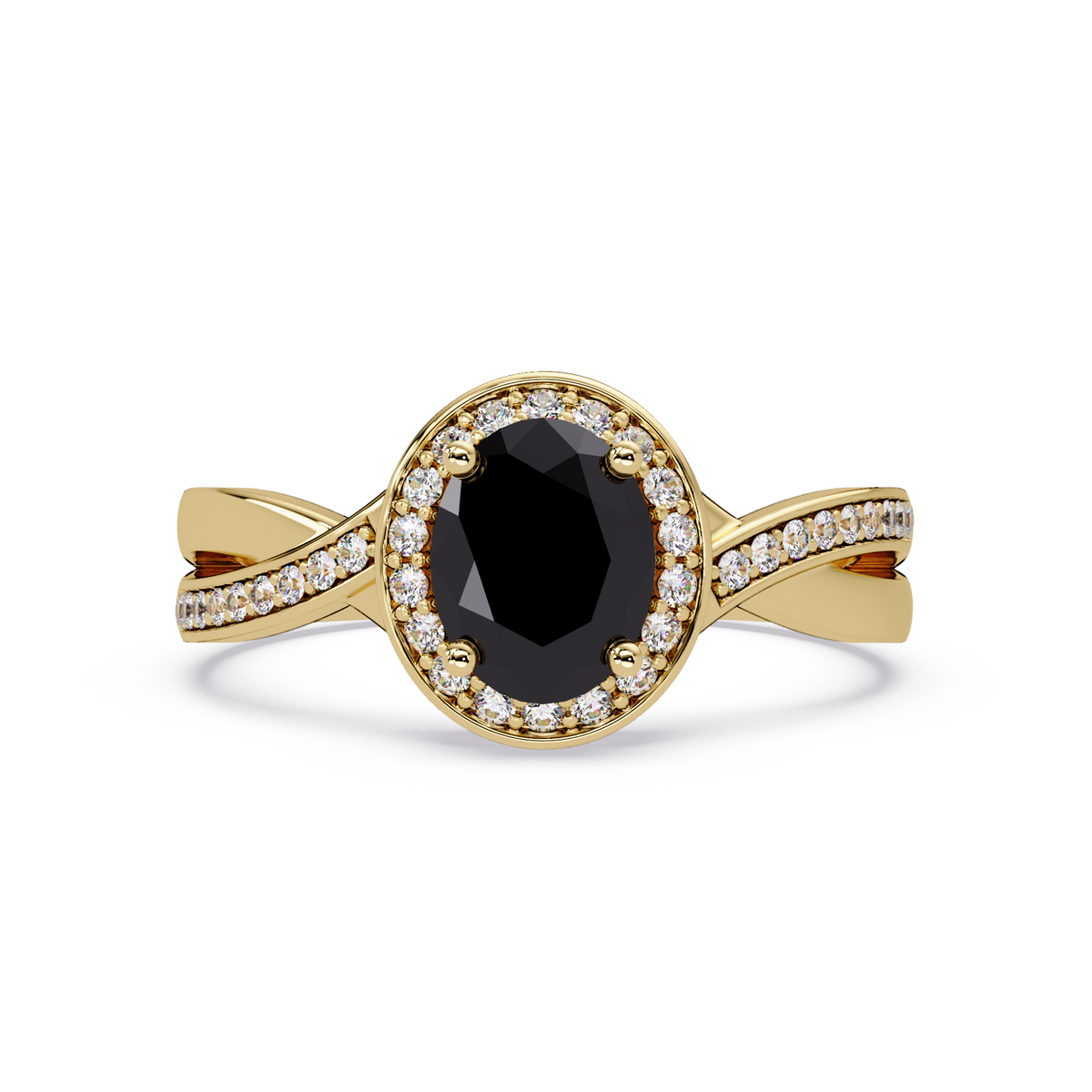 0.6 CTW Oval Halo Split Shank Colorstone Ring with Onyx center in 14K Yellow Gold – Lunéa Paris