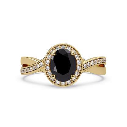 0.6 CTW Oval Halo Split Shank Colorstone Ring with Onyx center in 14K Yellow Gold – Lunéa Paris