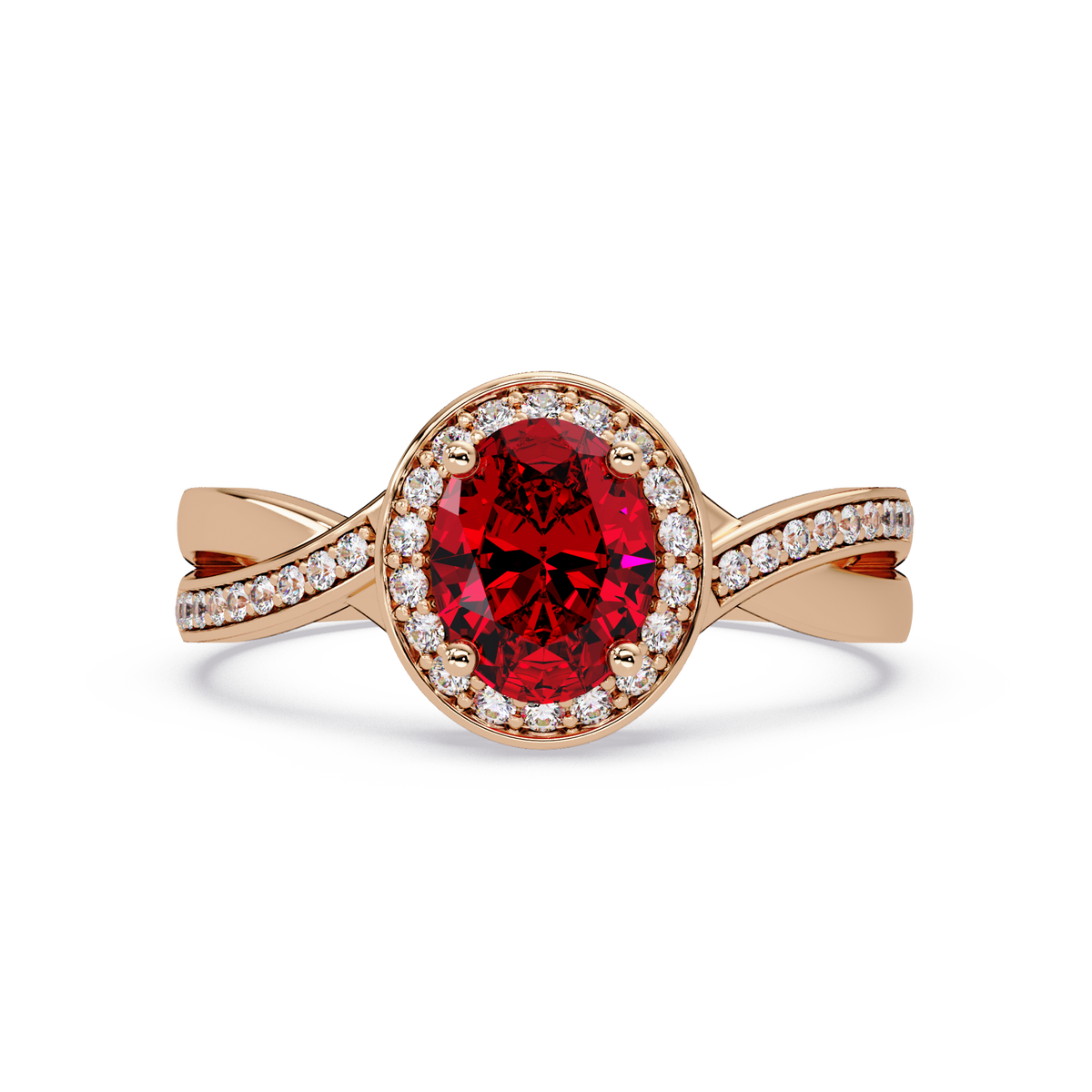 0.6 CTW Oval Halo Split Shank Colorstone Ring with Ruby Red center in 14K Rose Gold – Lunéa Paris