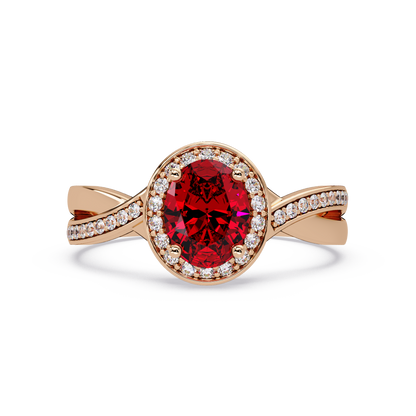 0.6 CTW Oval Halo Split Shank Colorstone Ring with Ruby Red center in 14K Rose Gold – Lunéa Paris