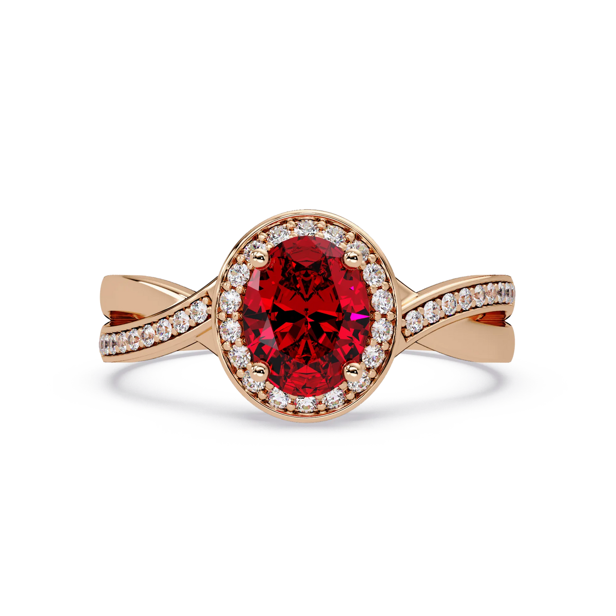 0.6 CTW Oval Halo Split Shank Colorstone Ring with Ruby Red center in 14K Rose Gold – Lunéa Paris