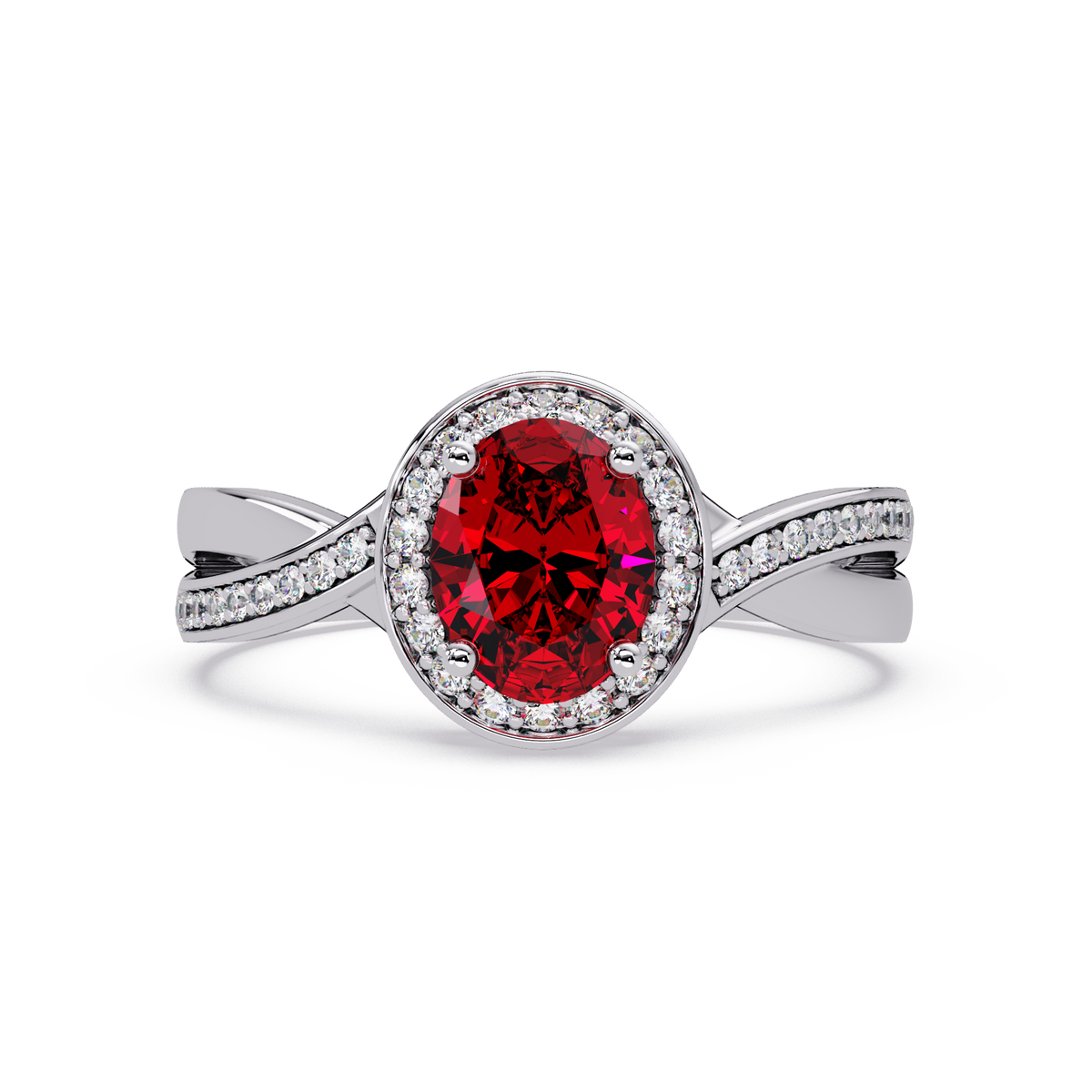 0.6 CTW Oval Halo Split Shank Colorstone Ring with Ruby Red center in 14K White Gold – Lunéa Paris