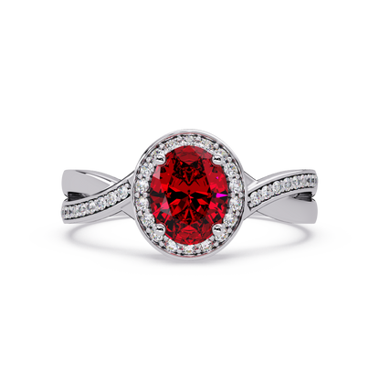 0.6 CTW Oval Halo Split Shank Colorstone Ring with Ruby Red center in 14K White Gold – Lunéa Paris