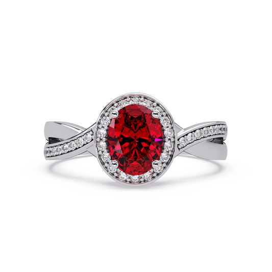 0.6 CTW Oval Halo Split Shank Colorstone Ring with Ruby Red center in 14K White Gold – Lunéa Paris