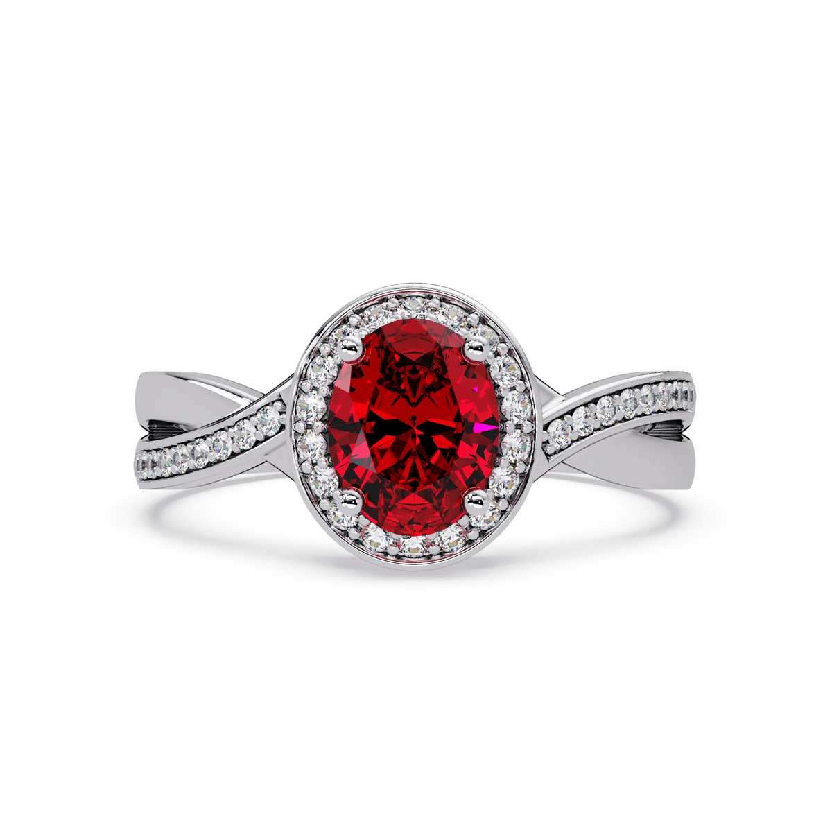 0.6 CTW Oval Halo Split Shank Colorstone Ring with Ruby Red center in 14K White Gold – Lunéa Paris