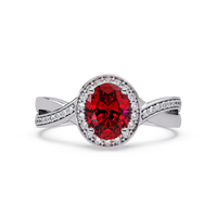0.6 CTW Oval Halo Split Shank Colorstone Ring with Ruby Red center in 14K White Gold – Lunéa Paris