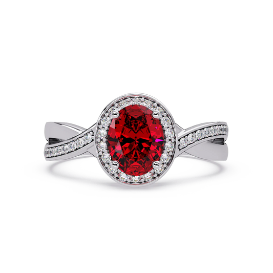 0.6 CTW Oval Halo Split Shank Colorstone Ring with Ruby Red center in 14K White Gold – Lunéa Paris