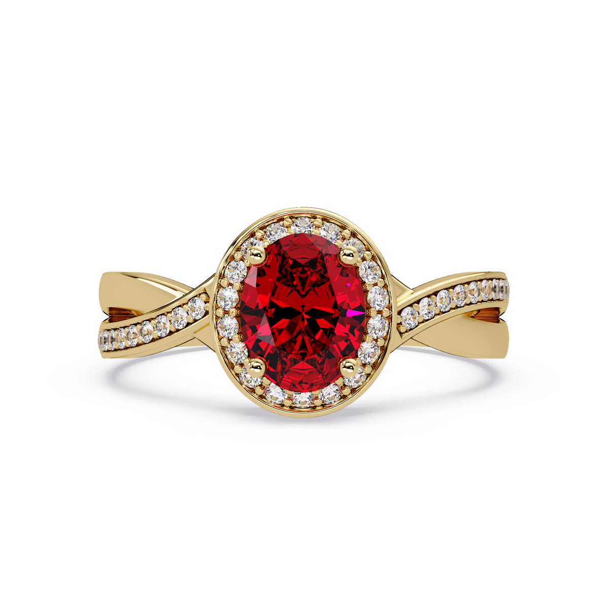 0.6 CTW Oval Halo Split Shank Colorstone Ring with Ruby Red center in 14K Yellow Gold – Lunéa Paris