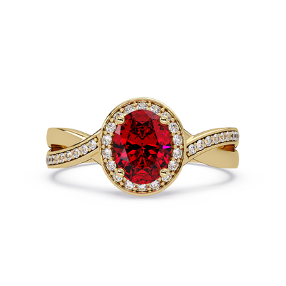 0.6 CTW Oval Halo Split Shank Colorstone Ring with Ruby Red center in 14K Yellow Gold – Lunéa Paris