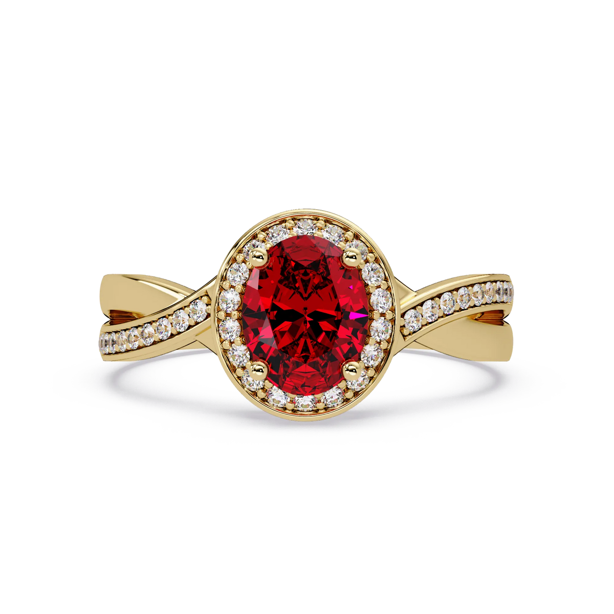 0.6 CTW Oval Halo Split Shank Colorstone Ring with Ruby Red center in 14K Yellow Gold – Lunéa Paris