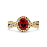 0.6 CTW Oval Halo Split Shank Colorstone Ring with Ruby Red center in 14K Yellow Gold – Lunéa Paris
