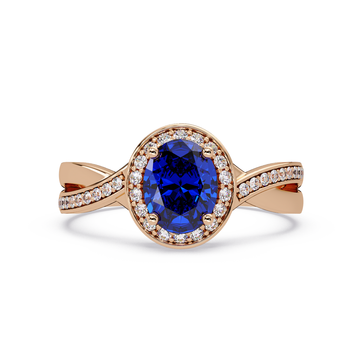 0.6 CTW Oval Halo Split Shank Colorstone Ring with Sapphire Blue center in 14K Rose Gold – Lunéa Paris