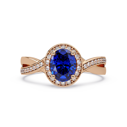 0.6 CTW Oval Halo Split Shank Colorstone Ring with Sapphire Blue center in 14K Rose Gold – Lunéa Paris