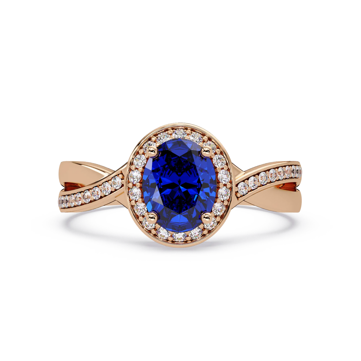 0.6 CTW Oval Halo Split Shank Colorstone Ring with Sapphire Blue center in 14K Rose Gold – Lunéa Paris