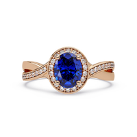 0.6 CTW Oval Halo Split Shank Colorstone Ring with Sapphire Blue center in 14K Rose Gold – Lunéa Paris