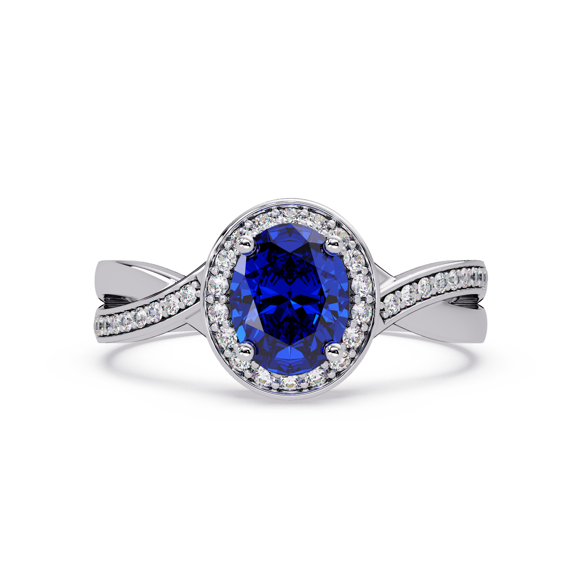 0.6 CTW Oval Halo Split Shank Colorstone Ring with Sapphire Blue center in 14K White Gold – Lunéa Paris
